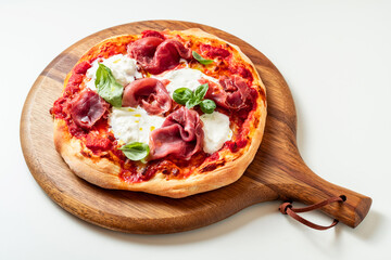 Pizza with Prosciutto Crudo, Stracciatella Cheese and Basil