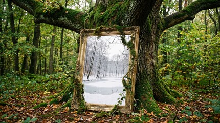 Magical Ornate Mirror Reflecting a Snowy Winter Landscape, Placed Against a Moss-Covered Tree in a Green Forest.
