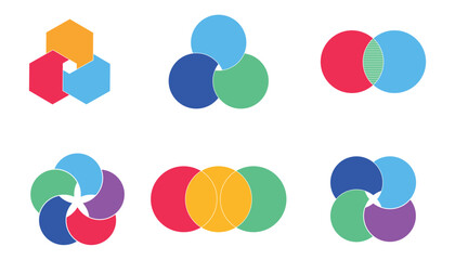 Graphical Venn diagram infographic sections. Overlapping circle shapes circles chart line set. Venn diagrams with overlapping circles, showing a common area, for infographic presentation