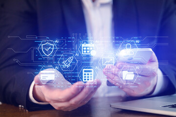 Business professional using smartphone with digital icons showing technology and artificial intelligence concepts