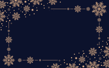 Elegant dark blue Christmas background with golden snowflake border and decorative sparkles, luxury festive winter frame template perfect for holiday greeting cards, invitations, posters, banners