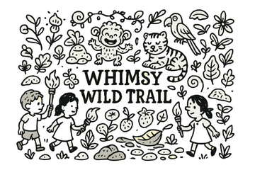 Fototapeta premium Whimsy Wild Adventure. WhimsyWildTrail.Hand-drawdoodleillustrationofWhimsyWildTrail.Kidswithtorches,glowplants