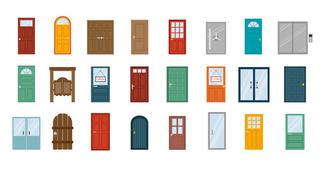 Colourful front doors to houses and buildings set in flat design style isolated, vector illustration. Different door set