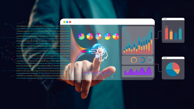 Artificial General Intelligence AGI Dashboard for Data Analysis and automated business intelligence, Annual reports or quarterly business performance analysis presentations, data visualization charts - Powered by Adobe