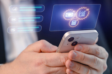 Person using smartphone with digital interface showing gears and data graphics