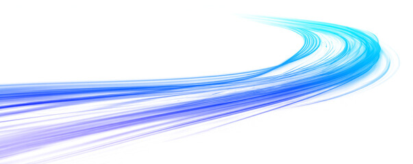 Transparent neon speed line with flowing light trails. Glowing curls and ribbons visualize acceleration and fast digital motion. Futuristic urban illustration isolated in png.