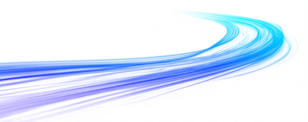 Transparent neon speed line with flowing light trails. Glowing curls and ribbons visualize acceleration and fast digital motion. Futuristic urban illustration isolated in png.