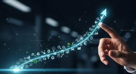 A hand touches a glowing upward arrow with financial icons and data streams