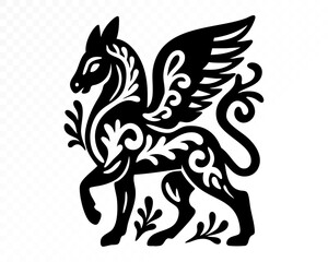 Mythical winged horse silhouette with ornate floral folk ornament patterns, fantasy animal emblem in decorative black cutout style for heraldic and symbolic designs. Vector illustration.