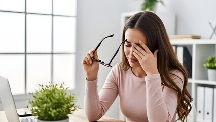 Young Woman Feeling Eye Strain and Fatigue While Working at Desk.