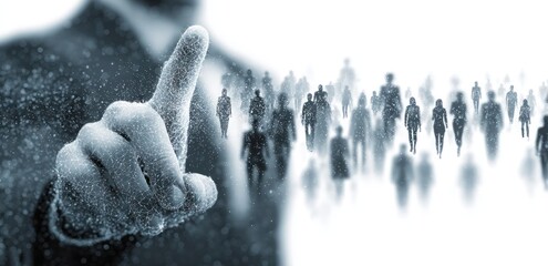 A man is pointing at a group of people in a white background