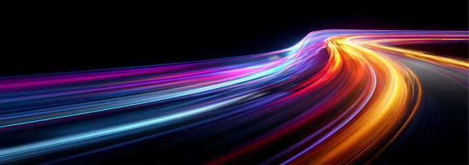 Neon speed lines twist and flow along a glowing night city road. Light trails and spirals emphasize fast motion and digital acceleration. Futuristic technological illustration in vector. © Strongstock03