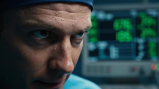 Close up of surgeon with sweat beads on forehead in operation room