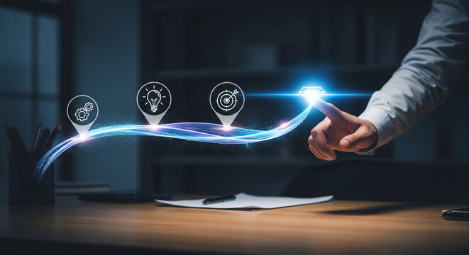 A hand interacting with a glowing path of digital icons and data flow - Powered by Adobe