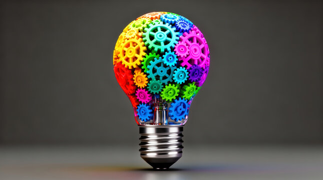 Mechanical Lightbulb Composed of Interlocking Gears in Vibrant CMYK Palette Symbolizing Innovation and Creative Ideas