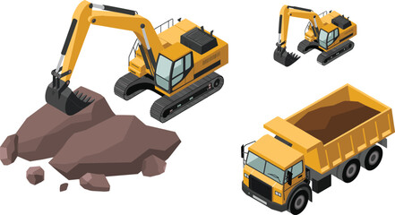 Heavy construction machinery illustration featuring excavator and dump truck, earthmoving equipment for mining, road building, engineering projects design © Ashik Creatives