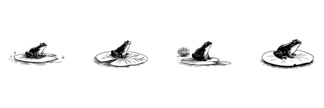 Frog On Lily Pad Doodle Sketch Set. Nature And Wildlife Illustration In Hand Drawn Style Collection. Amphibian And Aquatic Habitat Representation. Isolated Vector Illustration
