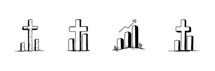 Cross And Bar Chart Doodle Sketch Set. Religious Symbolism And Financial Growth In Hand Drawn Style Collection. Concept Of Faith And Economic Progress. Hand Drawn Isolated Vector Illustration