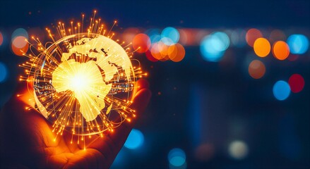 A hand cradles a glowing digital earth, intricately connected by a luminous web of lines and sparkling lights, symbolizing worldwide network and technology. Sustainability, 4k.