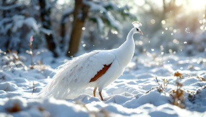 White peacock standing on snow covered ground in natural outdoor setting representing wildlife elegance winter beauty and animal conservation. 