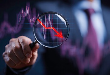 Magnifying glass pointing at downward stock market chart