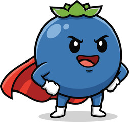 Obraz premium Superhero blueberry cartoon character with cape and green leaves on head