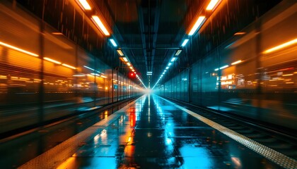 Empty modern train station platform with motion blur lights representing speed travel transportation and futuristic urban infrastructure.