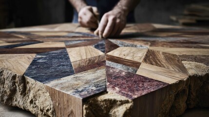 Artisan working on geometric inlay design focusing on angular shapes and symmetrical pattern placement for visually striking decorative finish.