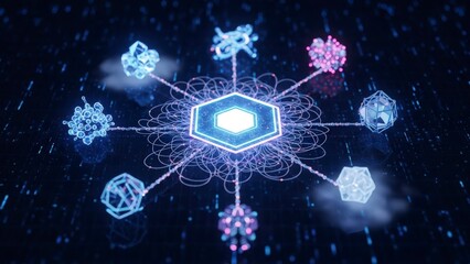 Abstract glowing hexagon with connected geometric shapes representing network and data flow in a futuristic digital environment.
