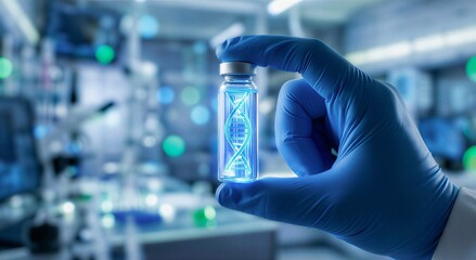 Close-up of a gloved hand holding a vial with a glowing DNA helix, representing scientific research and genetics. Sustainability, 4k.
