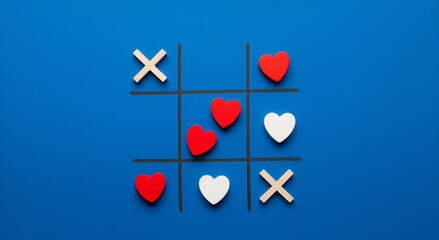 Tic Tac Toe game with red hearts and white hearts on a vibrant blue background, symbolizing love and competition. Sustainability, 4k.