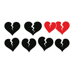 Collection of broken heart symbols in black and red on