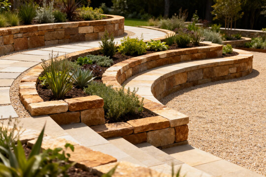 Beautifully designed garden with stone walls and winding pathways