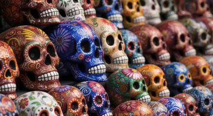 Vibrant Array of Ornate Sugar Skulls Celebrating Dia de los Muertos in a Mexican Market