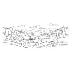 Obraz premium A serene landscape with trees and hills in a simple line drawing style on a