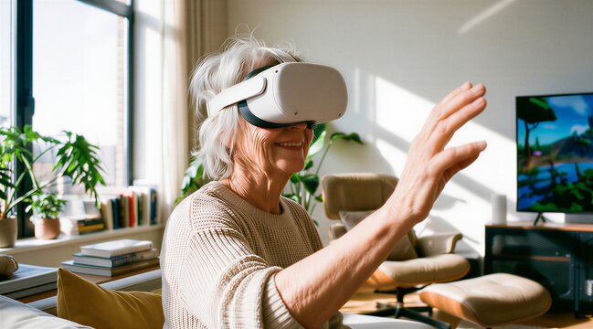 Elderly woman with gray hair smiling while wearing VR headset and reaching out in a bright, modern living room. Sustainability, 4k. - Powered by Adobe