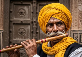 Portrait of a traditional Indian musician wearing a yellow turban and playing a bamboo flute, capturing cultural heritage, folk music, artistic expression, and the timeless spirit of Indian tradition.