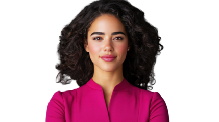Confident young woman with curly hair in pink business attire on black background