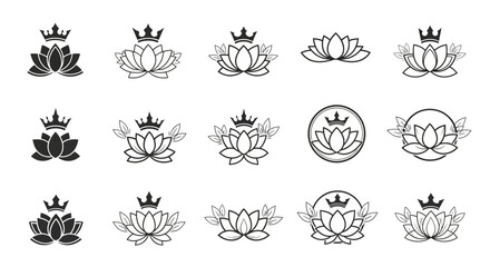 Collection of luxurious lotus flowers and crown symbols for elegant branding designs minimal style