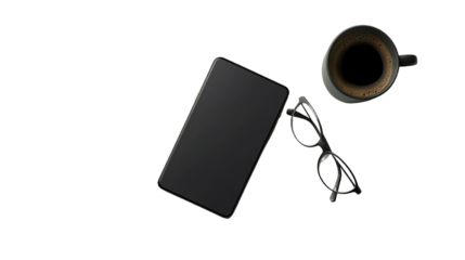 Minimalist workspace setup featuring a phone, glasses, and a cup of coffee on black