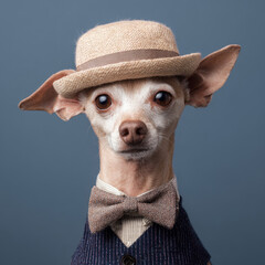 A photograph of an extremely cute and small light brown-haired chihuahua wearing vintage