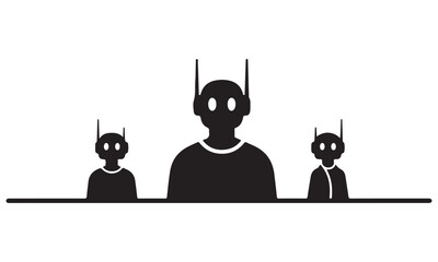 Silhouettes of three futuristic robotic beings sitting at a table