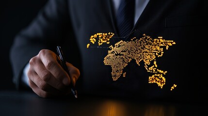 Businessman Sketching Digital World Map on Dark Background with Light Effects