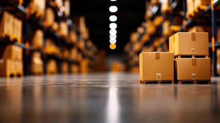 Cardboard Boxes on Pallets in Large Warehouse with Shelving and Ambient Lighting