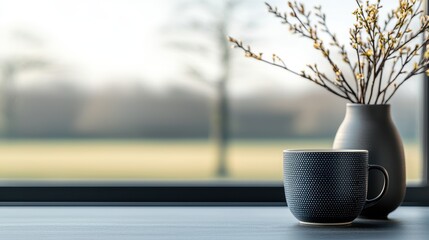 Cozy Interior Scene with Black Cup and Decorative Branches in Minimalist Setting