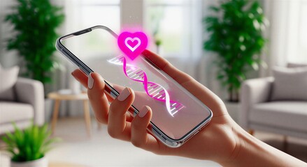 Woman's hand holding a smartphone displaying a pink DNA helix and heart icon, representing health tech and genetics. Sustainability, 4k.