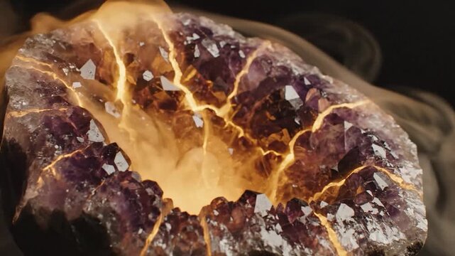 A geode with crystals and light inside the hollow space