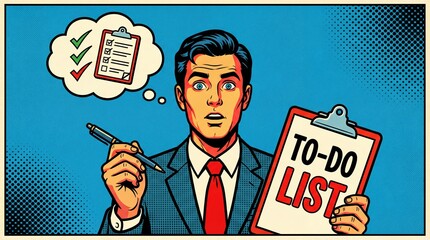 Pop art business man holding to-do list clipboard with pen, surprised facial expression and checklist thought bubble. Productivity planning and Task management concept for office, workflow. 