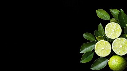 Fresh Green Limes with Leaves on Dark Background for Food and Health Use