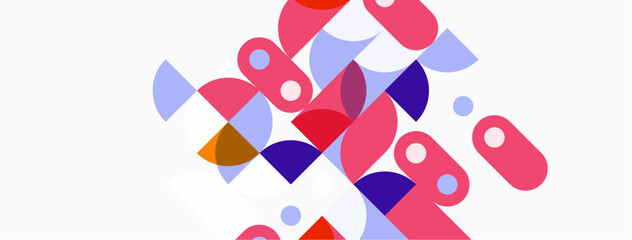 Abstract geometric shapes overlap, creating vibrant colorful composition. Soft pastel hues dominate design, offering modern aesthetic.